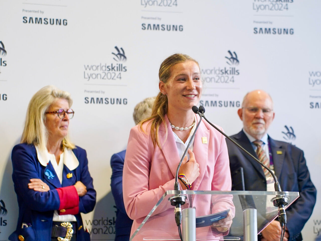 Cloe Lemar&eacute;chal, WorldSkills Champions Trust representative for Europe, speaking at the opening of the Samsung stand at WorldSkills Lyon 2024 on 11 September 2024.
