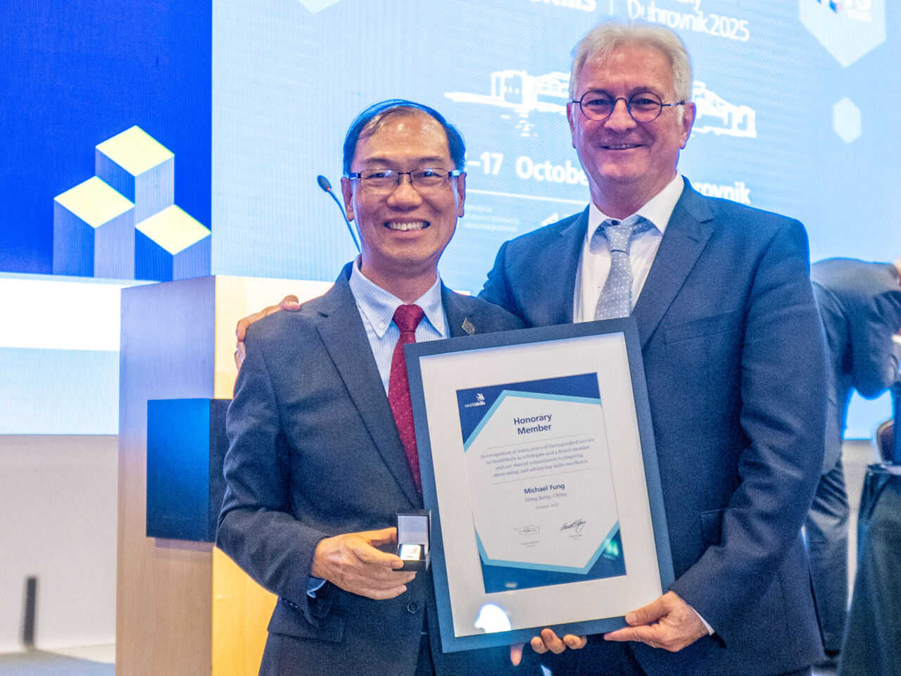 Michael Fung, Board member &ndash; Competitions, receiving recognition for his term on the WorldSkills Board at&nbsp;WorldSkills General Assembly 2025.
