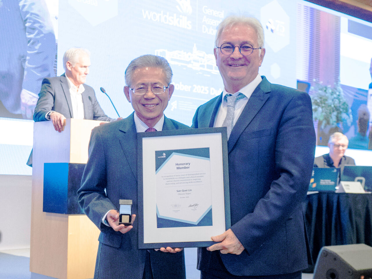 San-Quei Lin, Board member &ndash; Strategic Development, receiving recognition for his term on the WorldSkills Board at&nbsp;WorldSkills General Assembly 2025.
