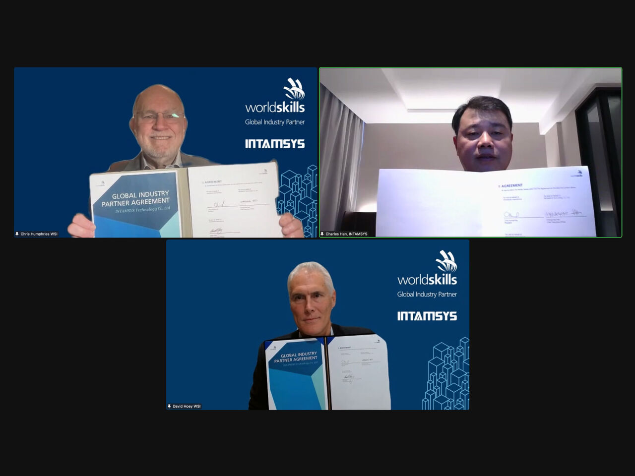 Leaders from WorldSkills International and INTAMSYS signing the official agreement in a virtual ceremony.