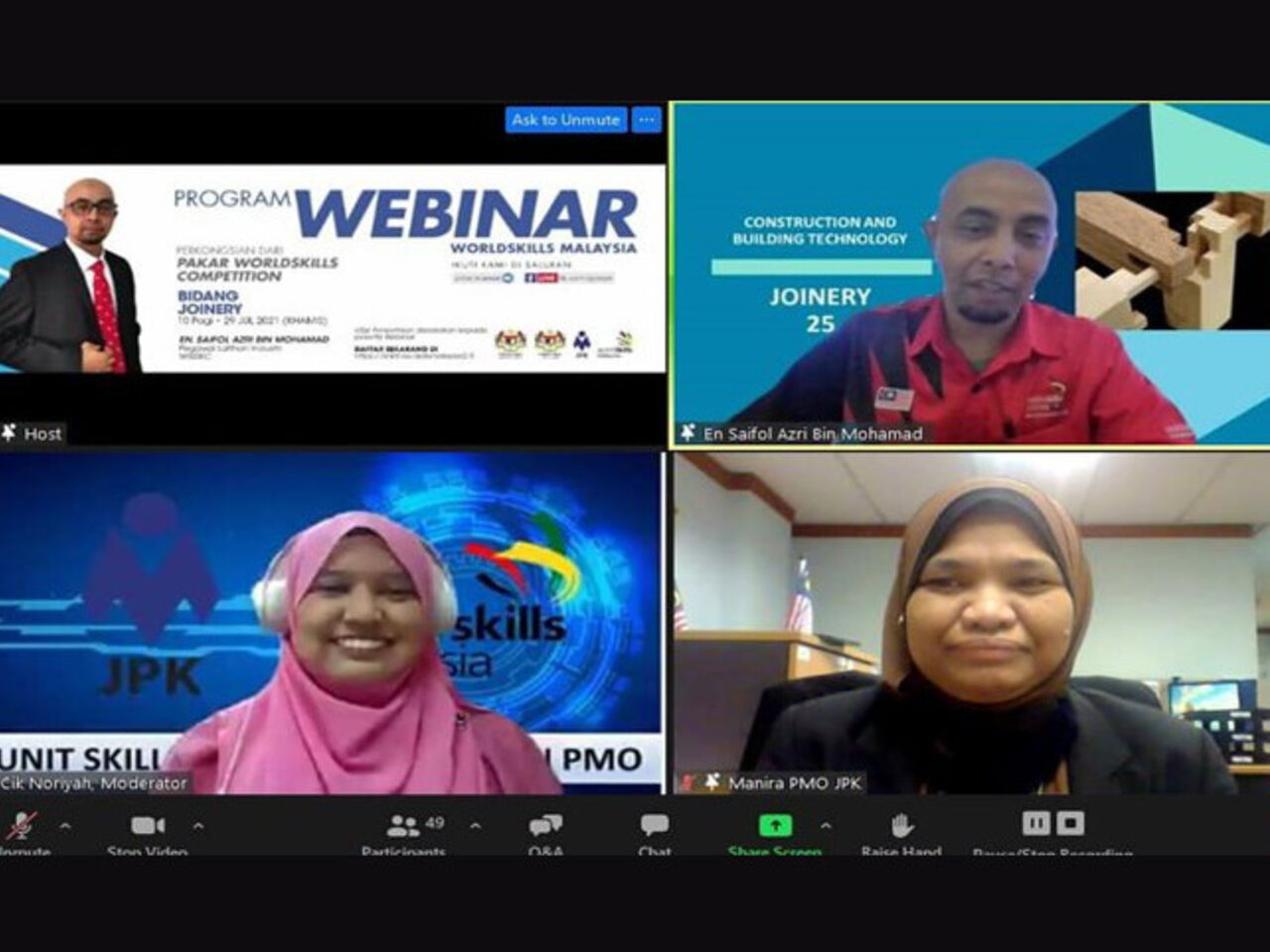 A screenshot of a webinar training in skills for Joinery.
