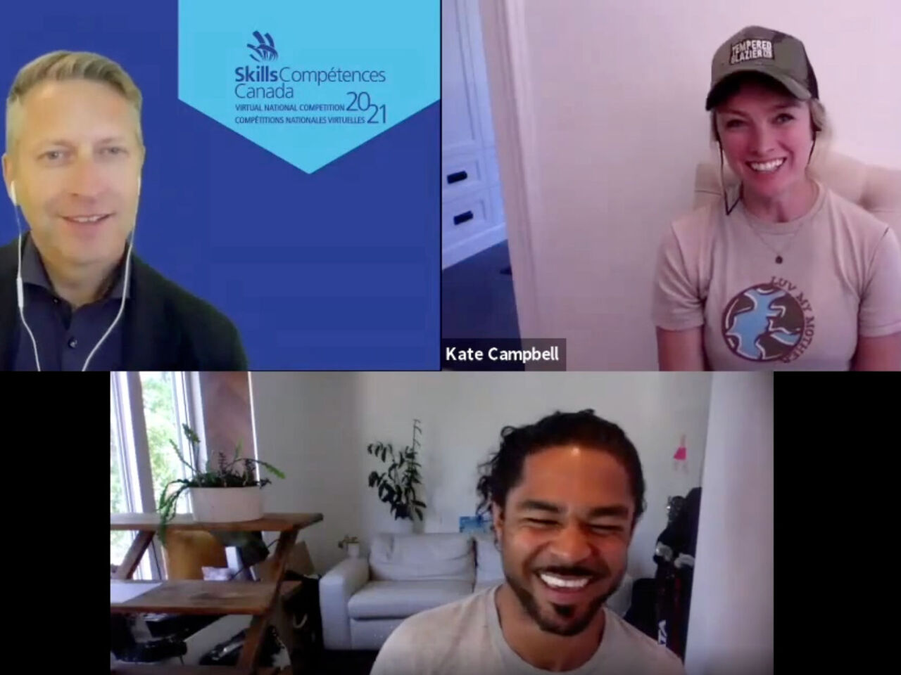A screenshot of a video called with Shaun Thorson, Kate Campbell, and Sherry Holmes to promote the Skills Canada Virtual National Competition (SCVNC) in June 2021.
