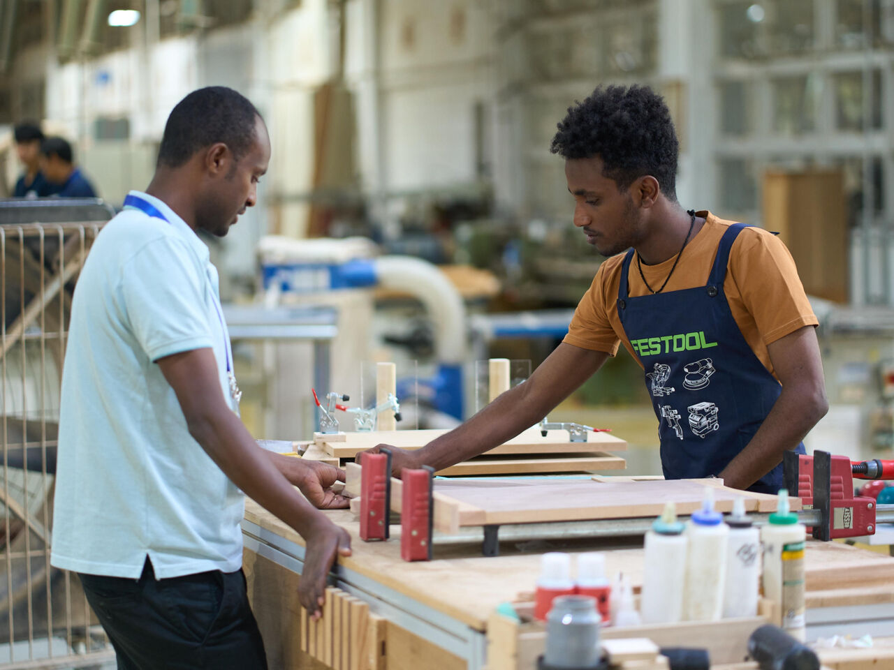 Two competitors measuring wood at a Skills Cooperation Workshop hosted by WorldSkills Chinese Taipei in June and July 2024.

&nbsp;
