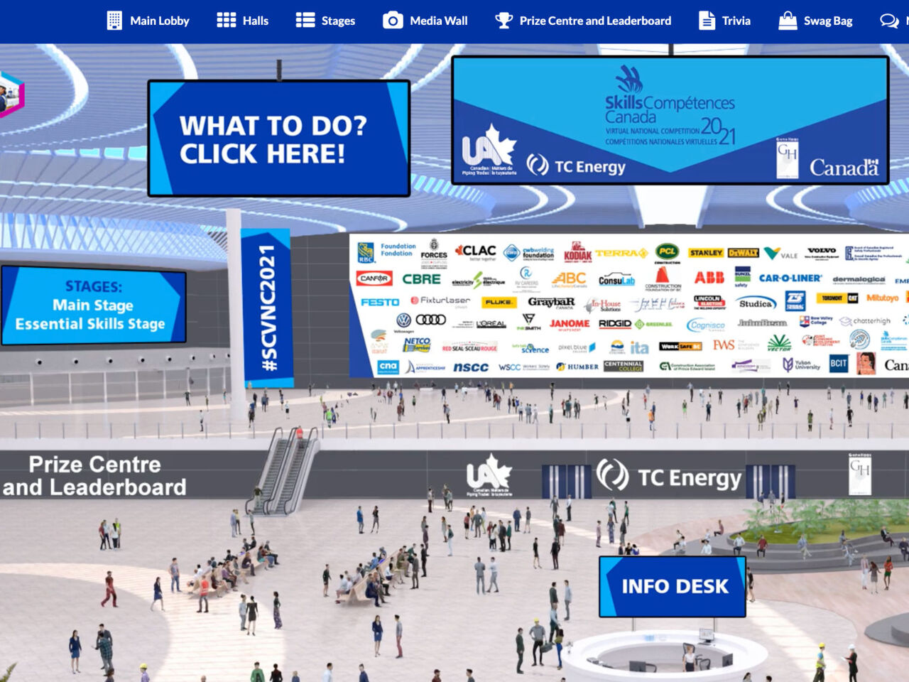 A screenshot of the virtual venue at the Skills Canada Virtual National Competition (SCVNC) in June 2021.
