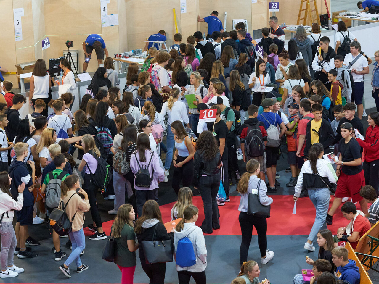 A crowd of school children watching the Competitors&nbsp;during the WorldSkills Italy nationals in Bolzano, South Tyrol.
