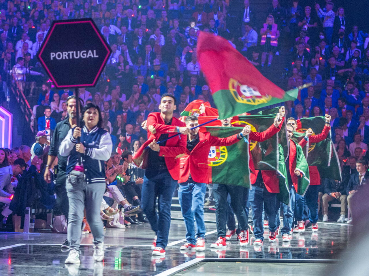 The Portuguese team during on stage at the Opening Ceremony for WorldSkills Lyon 2024. 